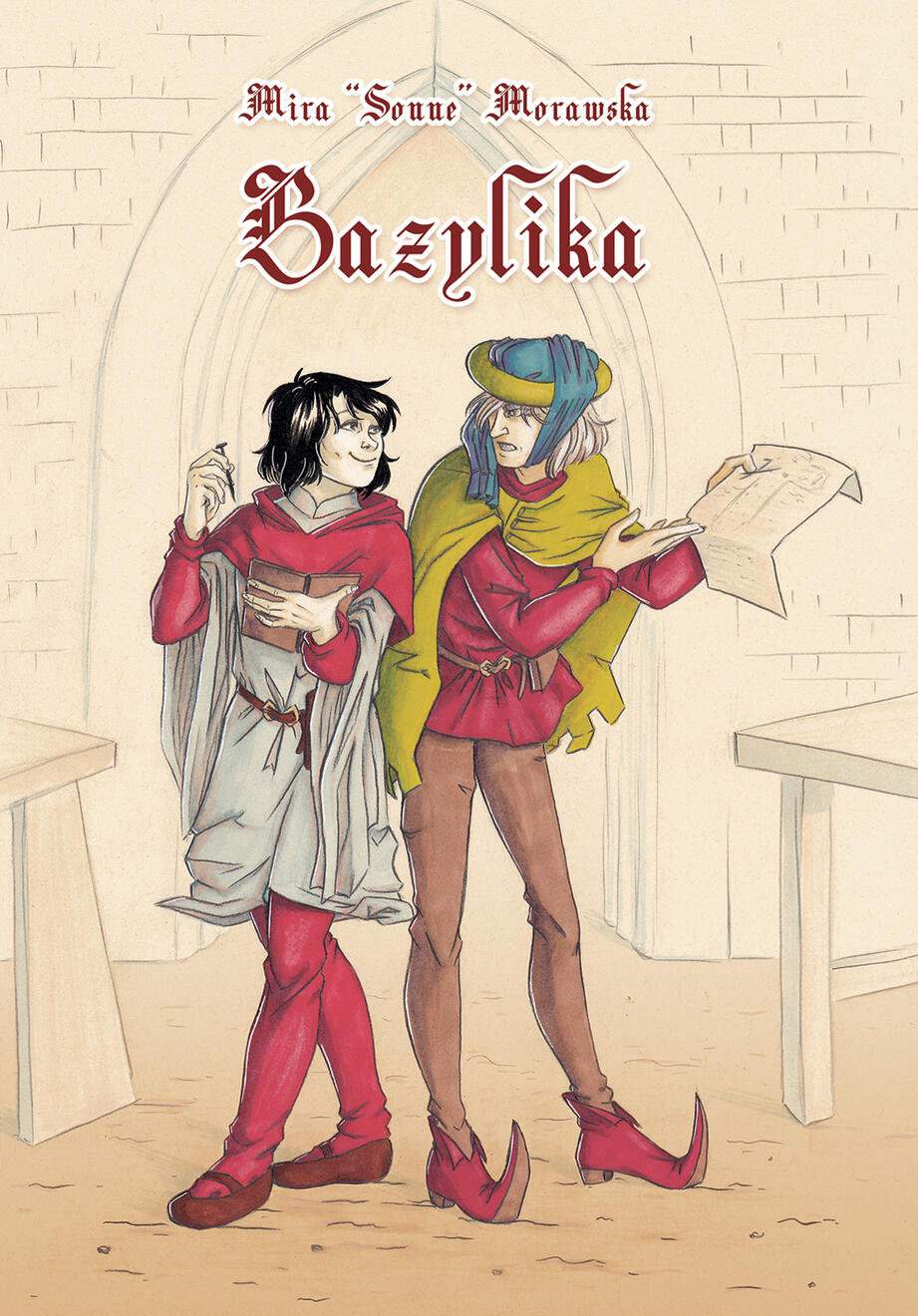 Bazylika - okładka Okładka komiksu pt. "Bazylika" autorstwa Miry Sonne Morawskiej. Na tle gotyckiego portalu, stoją bokiem do siebie główni bohaterowie komiksu, Mistrz Kindermann i Mistrz Brummer.
